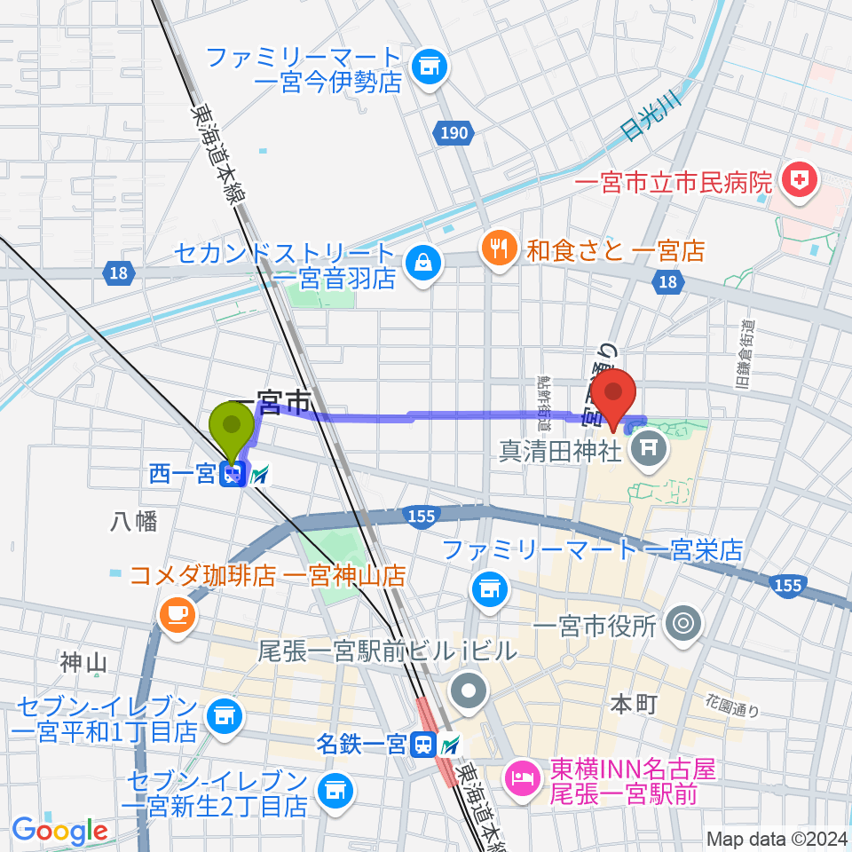 西一宮駅から一宮スポーツ文化センターへのルートマップ地図