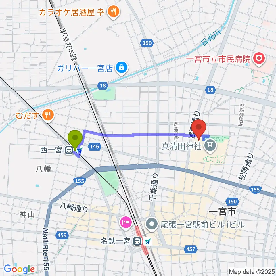 西一宮駅から一宮スポーツ文化センターへのルートマップ地図