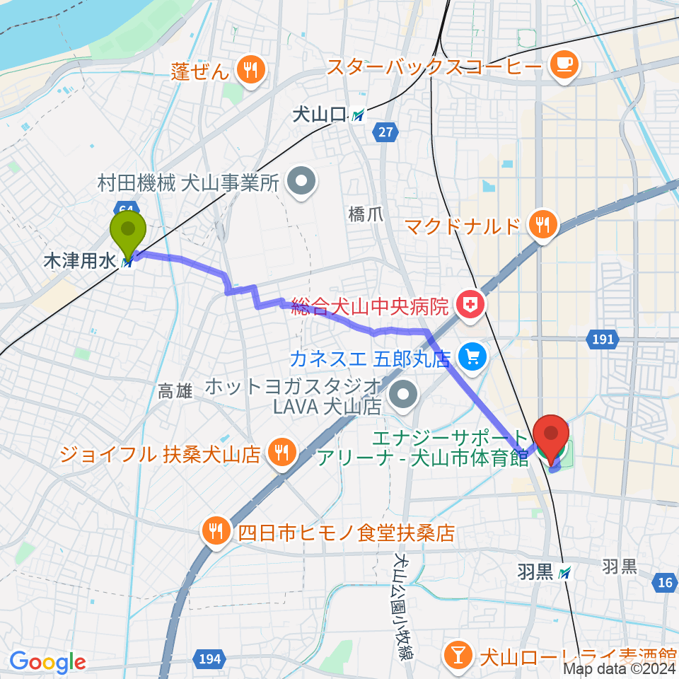 木津用水駅からエナジーサポートアリーナへのルートマップ地図