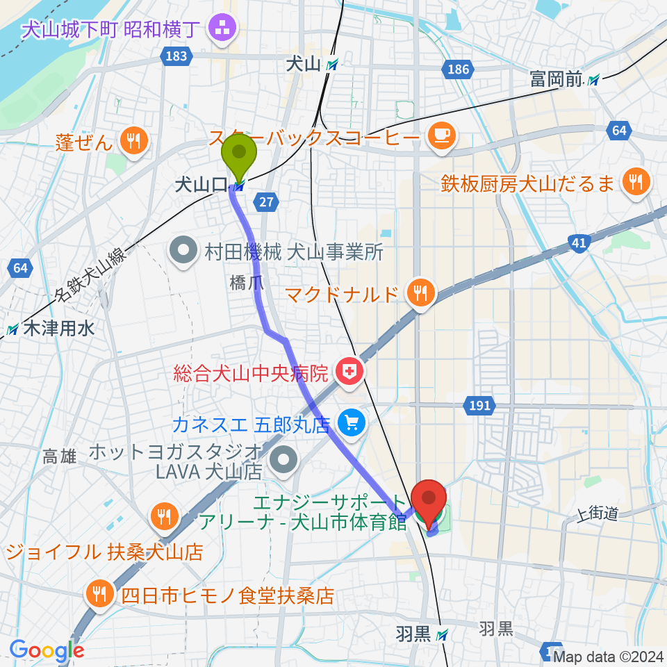 犬山口駅からエナジーサポートアリーナへのルートマップ地図