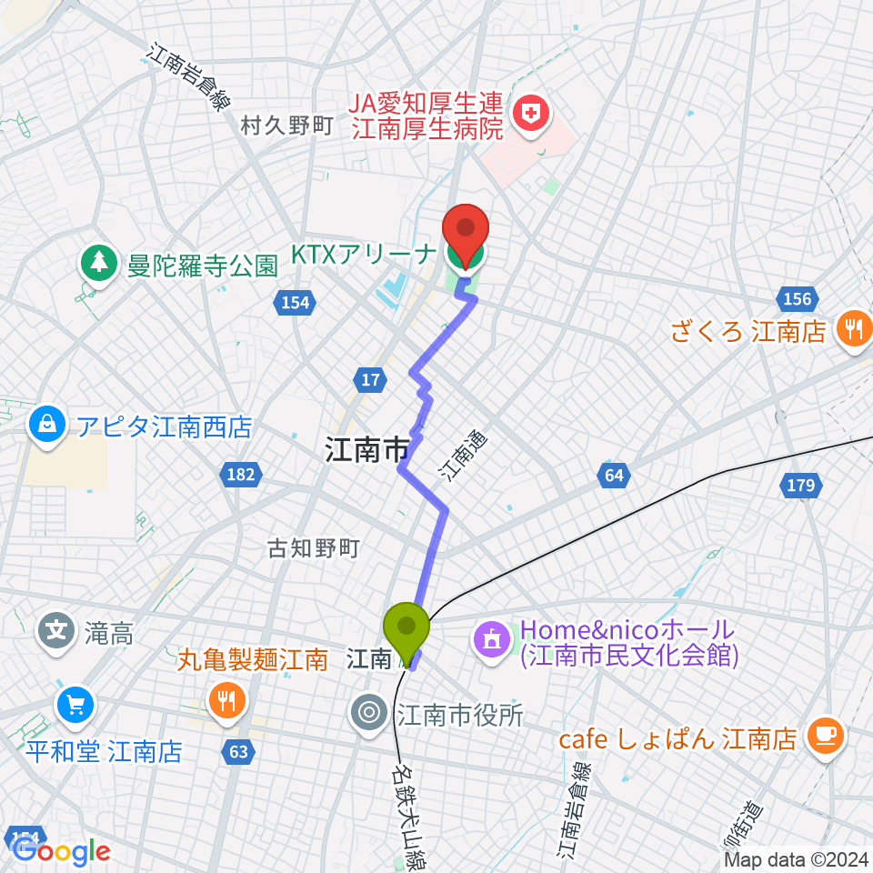 KTXアリーナの最寄駅江南駅からの徒歩ルート（約29分）地図