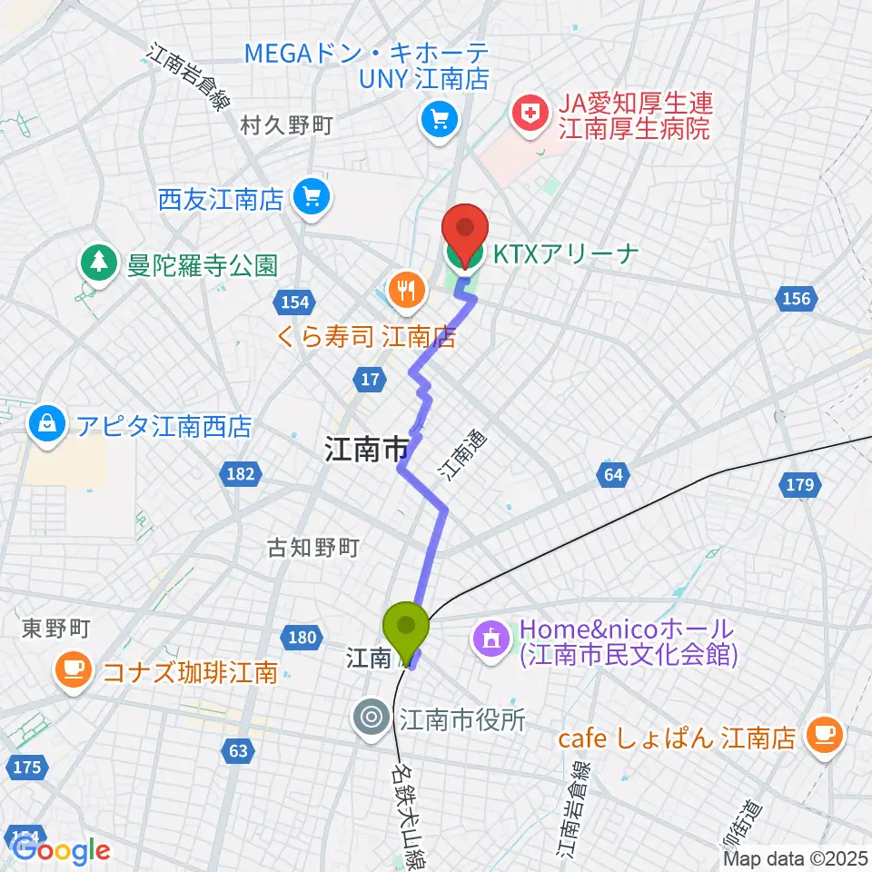 KTXアリーナの最寄駅江南駅からの徒歩ルート（約29分）地図