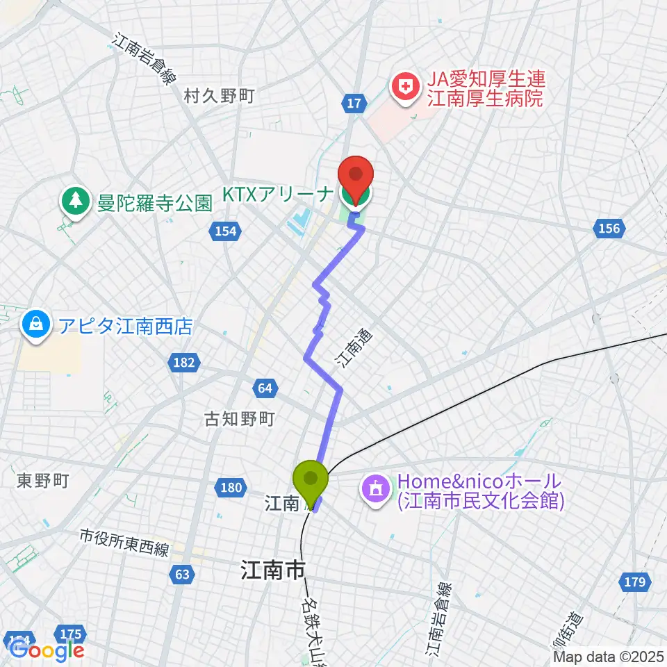 KTXアリーナの最寄駅江南駅からの徒歩ルート（約29分）地図