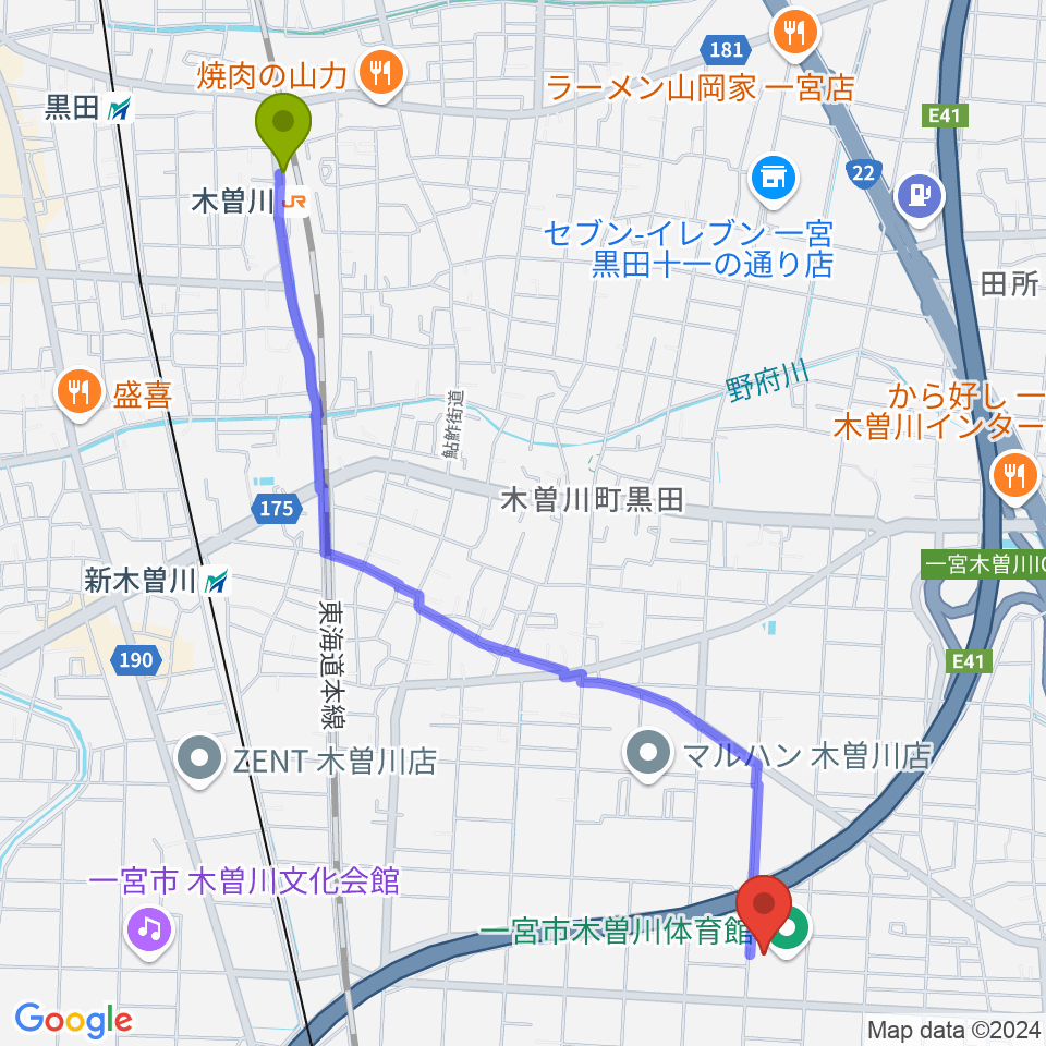 木曽川駅から木曽川体育館へのルートマップ地図