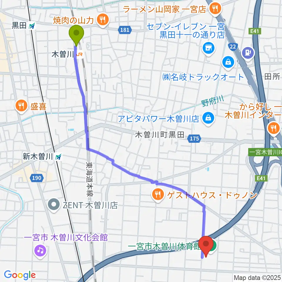 木曽川駅から木曽川体育館へのルートマップ地図