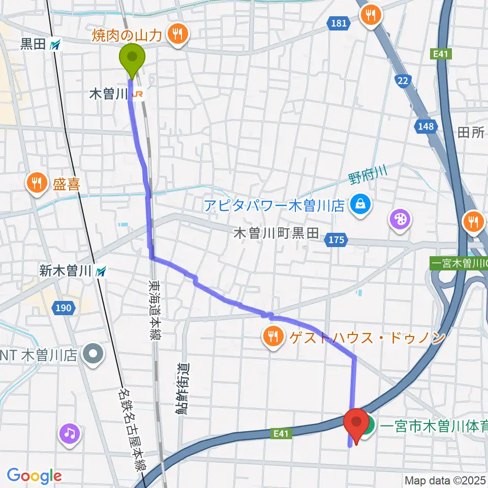 木曽川駅から木曽川体育館へのルートマップ地図