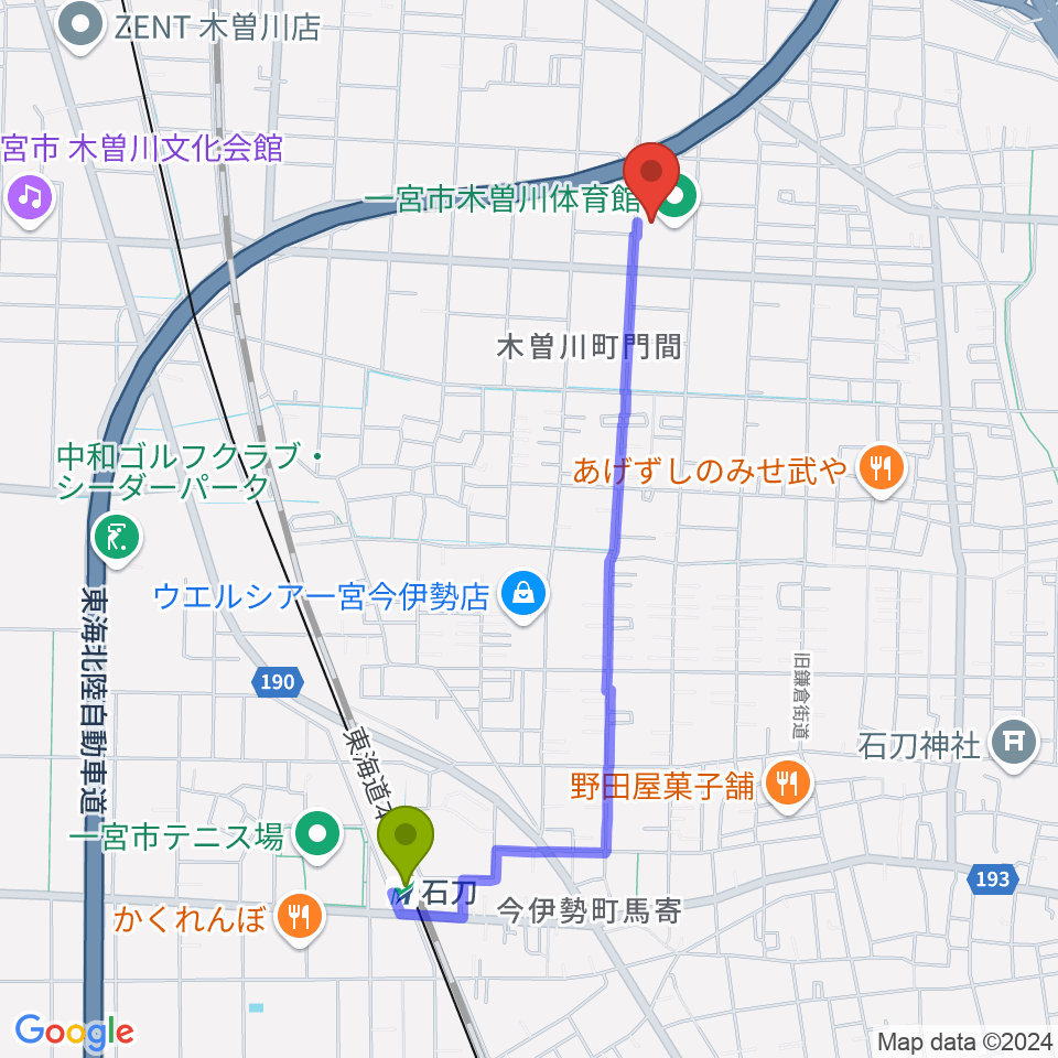 石刀駅から木曽川体育館へのルートマップ地図