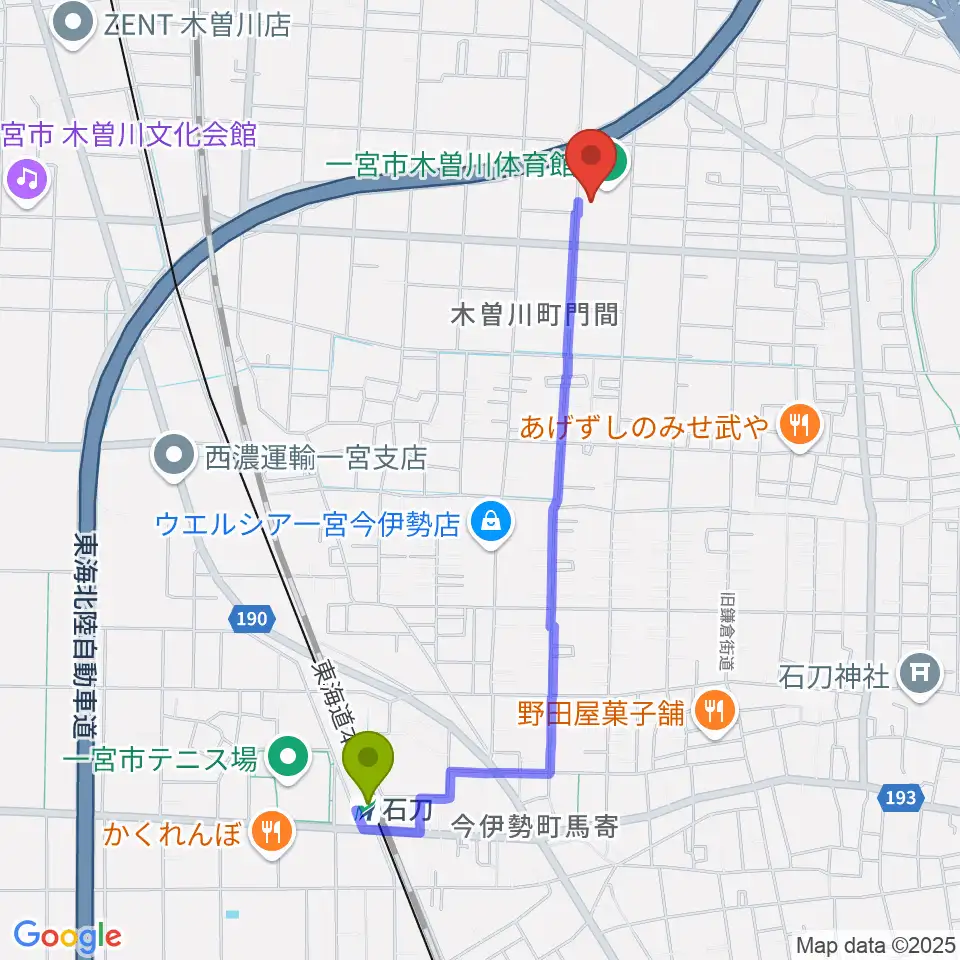 石刀駅から木曽川体育館へのルートマップ地図