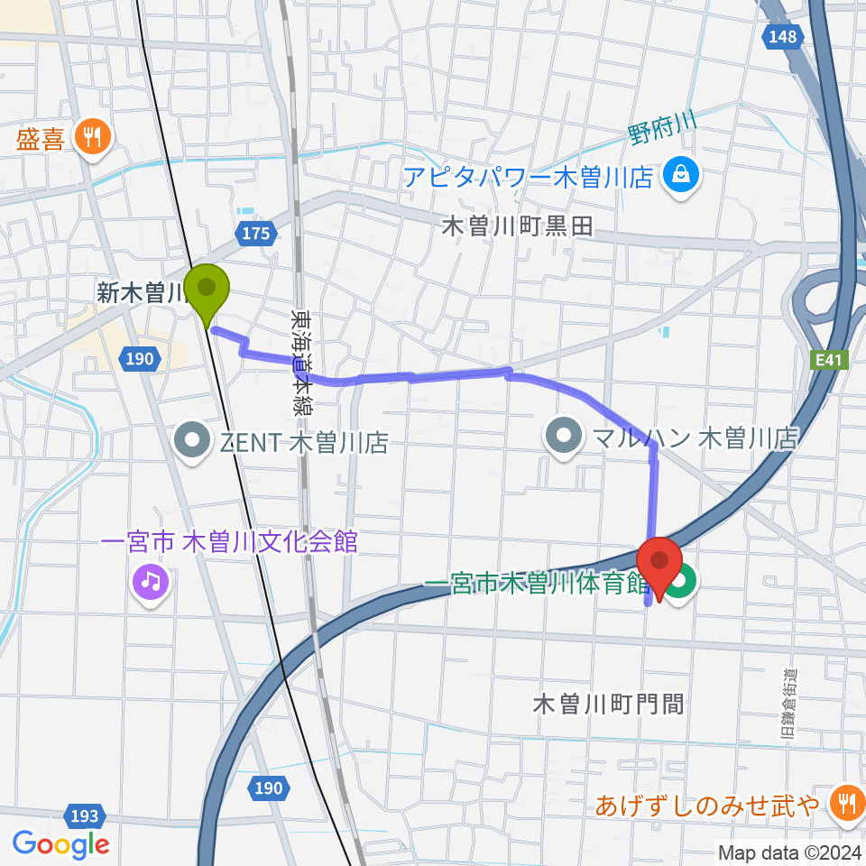 木曽川体育館の最寄駅新木曽川駅からの徒歩ルート（約19分）地図