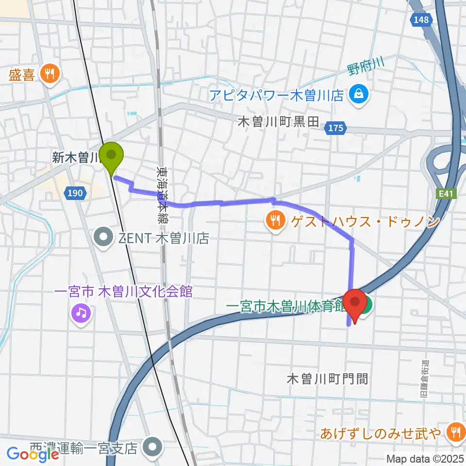 木曽川体育館の最寄駅新木曽川駅からの徒歩ルート（約19分）地図