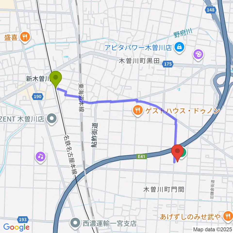 木曽川体育館の最寄駅新木曽川駅からの徒歩ルート（約19分）地図