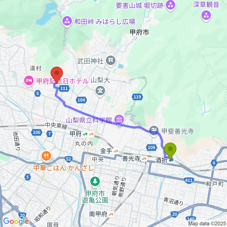酒折駅からふじでんスタジアムへのルートマップ地図