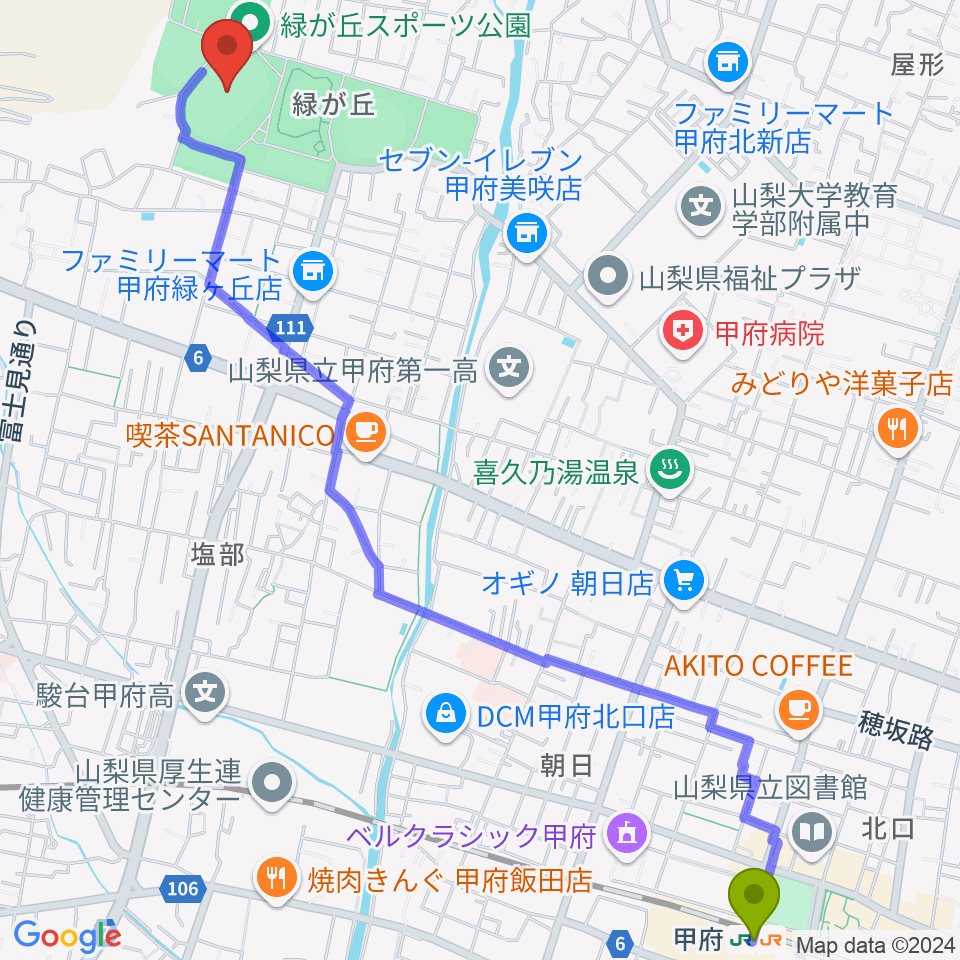 ふじでんスタジアムの最寄駅甲府駅からの徒歩ルート（約32分）地図