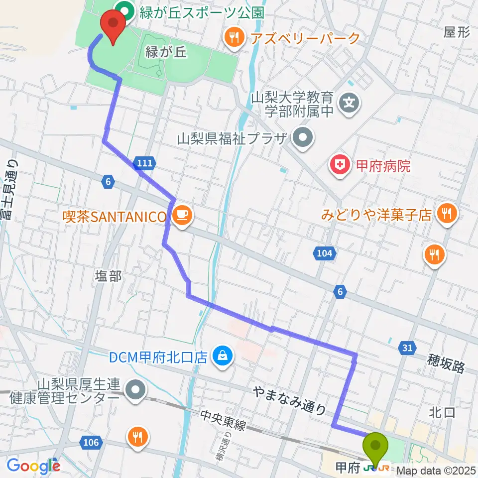 ふじでんスタジアムの最寄駅甲府駅からの徒歩ルート（約32分）地図