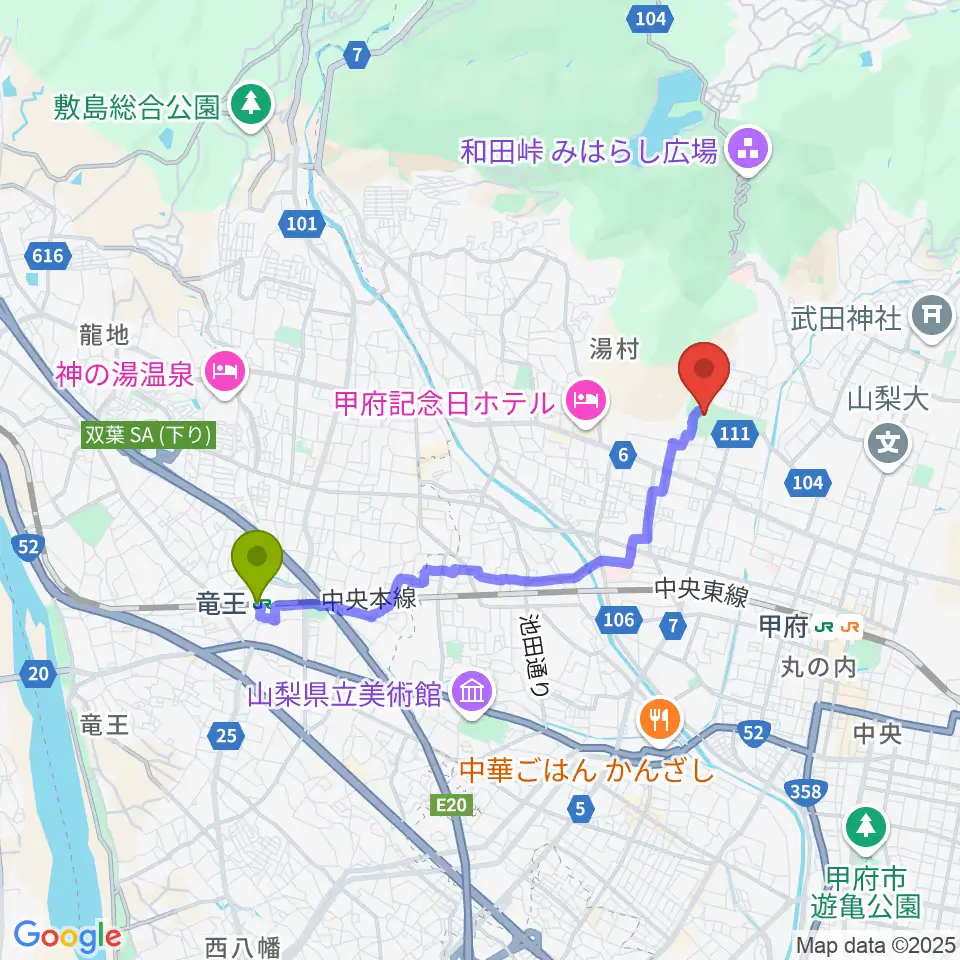 竜王駅からふじでんスタジアムへのルートマップ地図