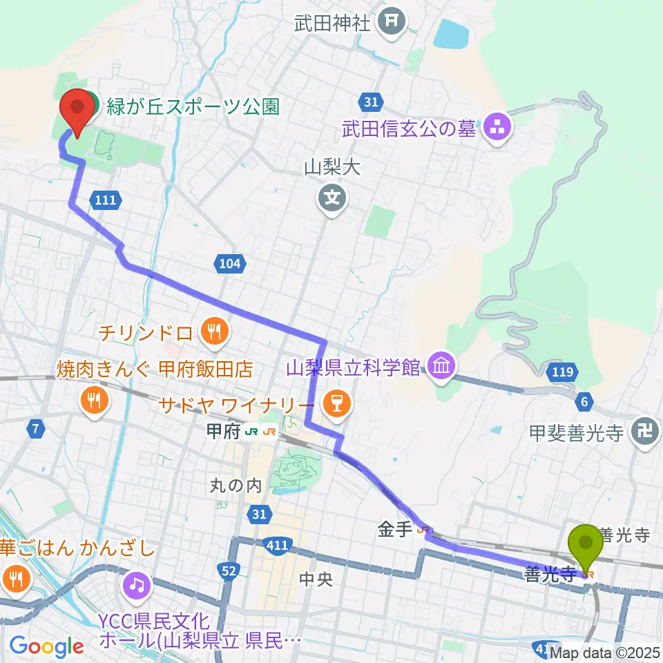 善光寺駅からふじでんスタジアムへのルートマップ地図