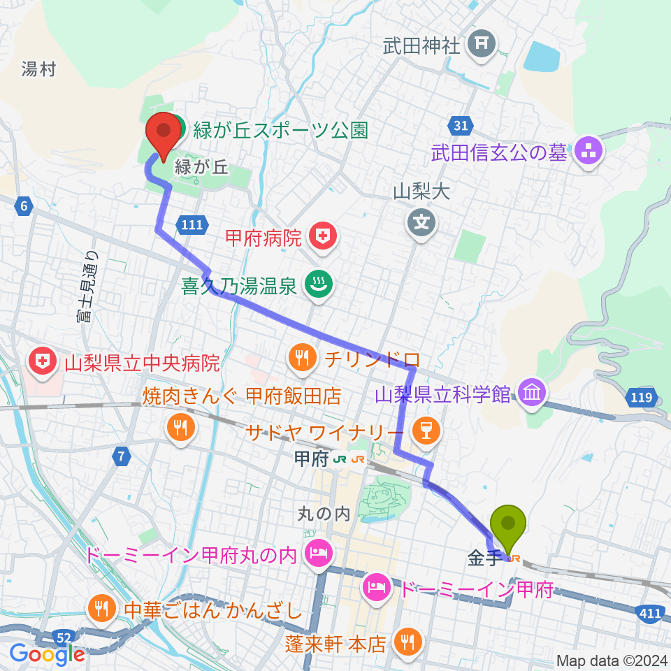 金手駅からふじでんスタジアムへのルートマップ地図