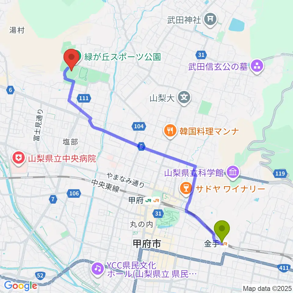 金手駅からふじでんスタジアムへのルートマップ地図
