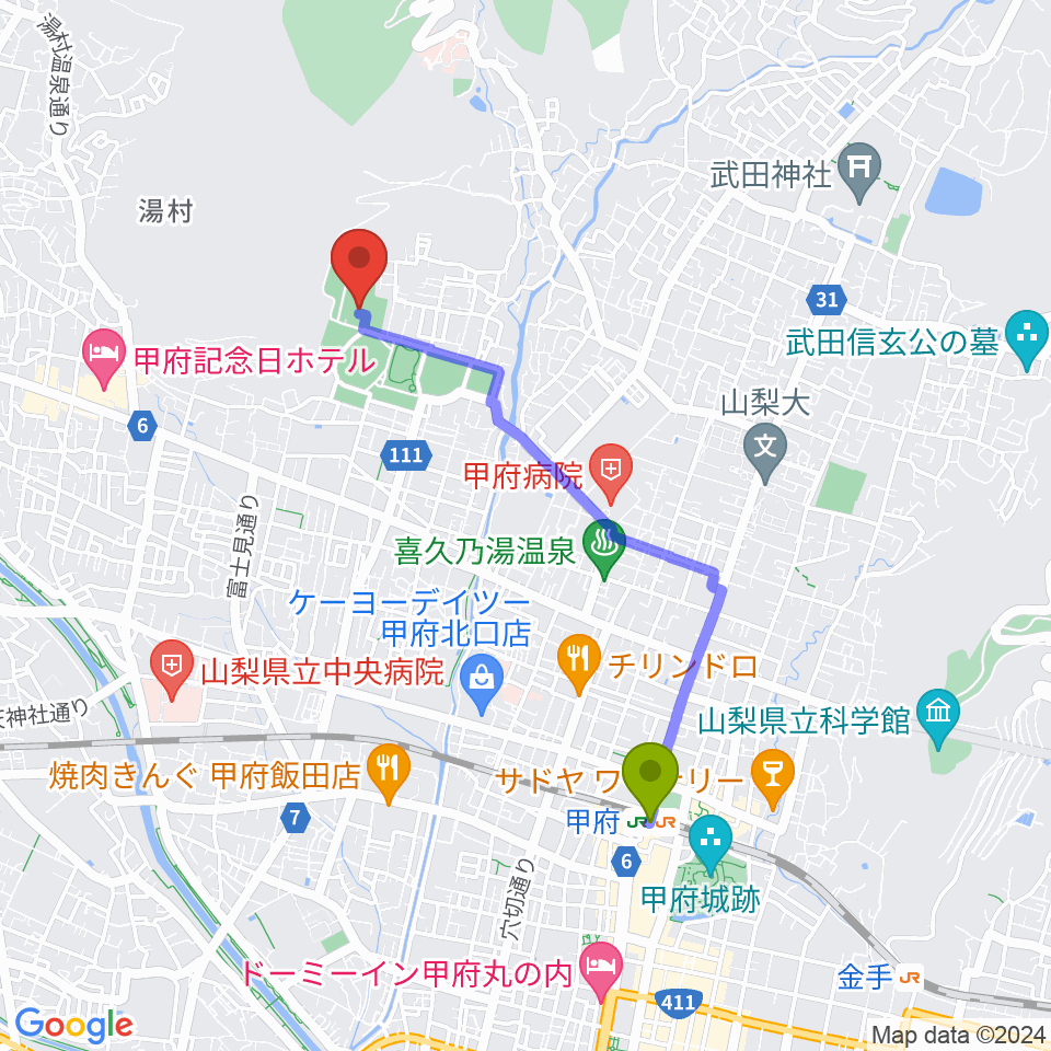緑が丘スポーツ公園体育館の最寄駅甲府駅からの徒歩ルート（約35分）地図