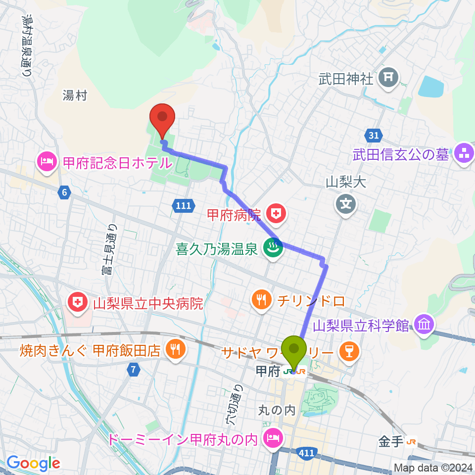 緑が丘スポーツ公園体育館の最寄駅甲府駅からの徒歩ルート（約35分）地図