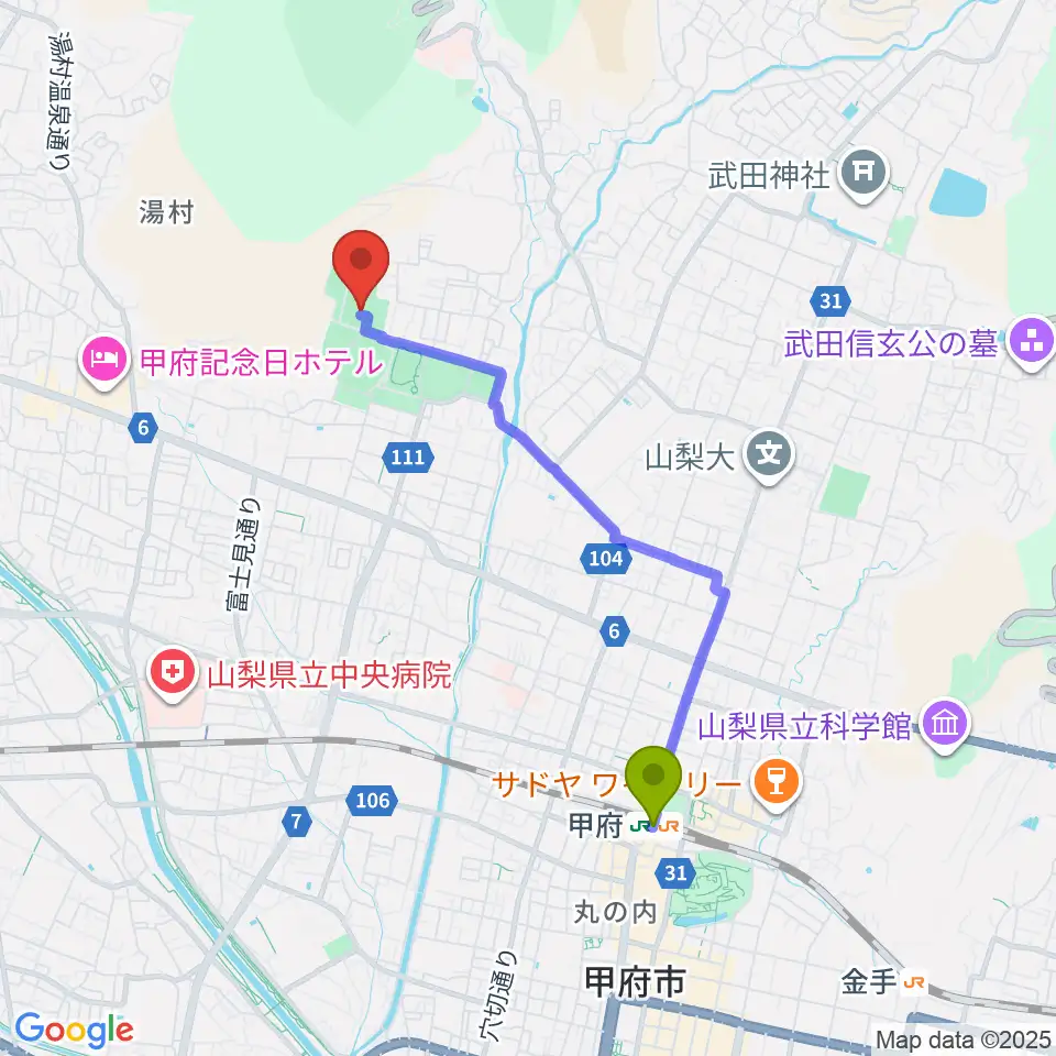 緑が丘スポーツ公園体育館の最寄駅甲府駅からの徒歩ルート（約35分）地図