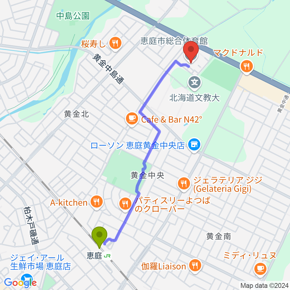 恵庭市総合体育館の最寄駅恵庭駅からの徒歩ルート（約20分）地図