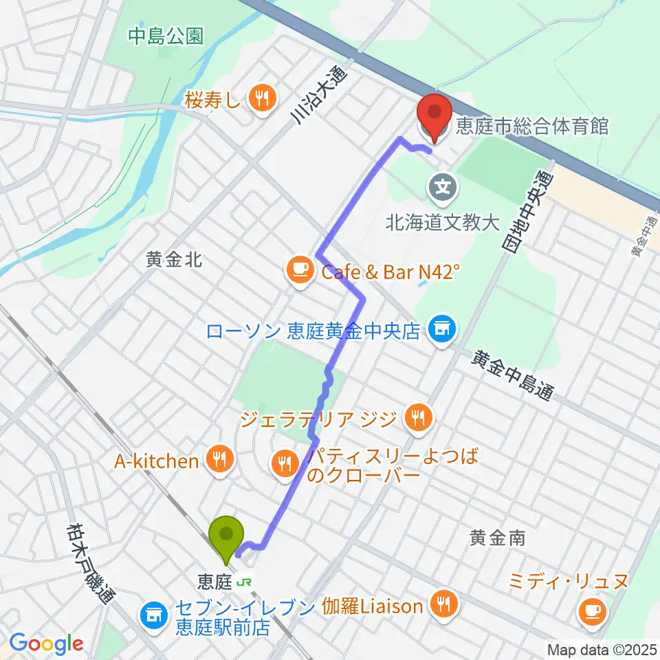 恵庭市総合体育館の最寄駅恵庭駅からの徒歩ルート（約20分）地図