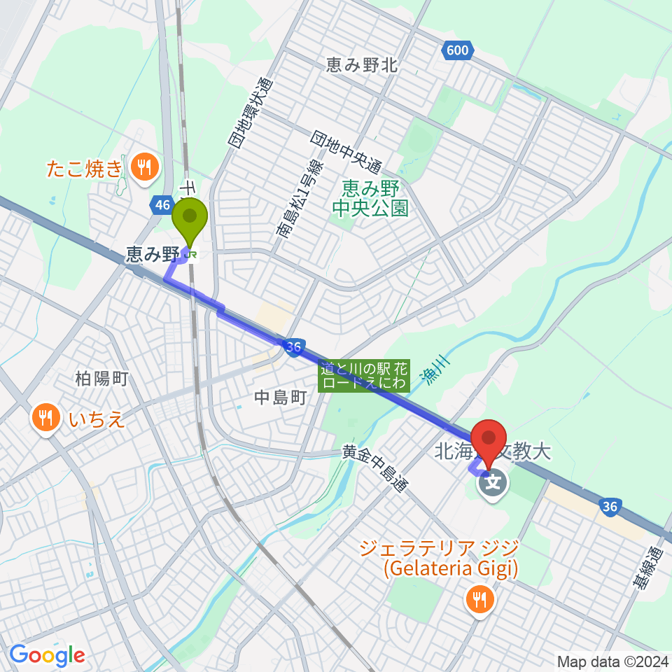 恵み野駅から恵庭市総合体育館へのルートマップ地図