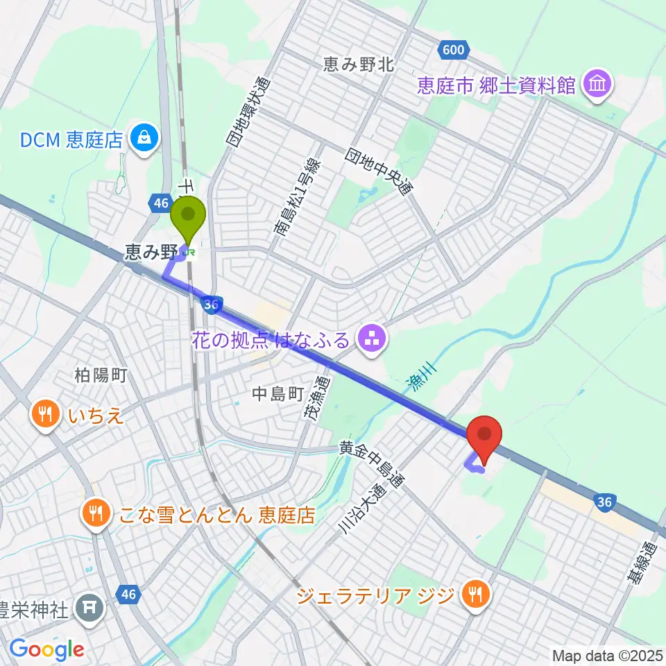 恵み野駅から恵庭市総合体育館へのルートマップ地図