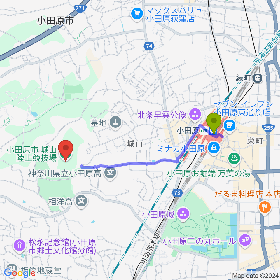 城山陸上競技場の最寄駅小田原駅からの徒歩ルート（約17分）地図