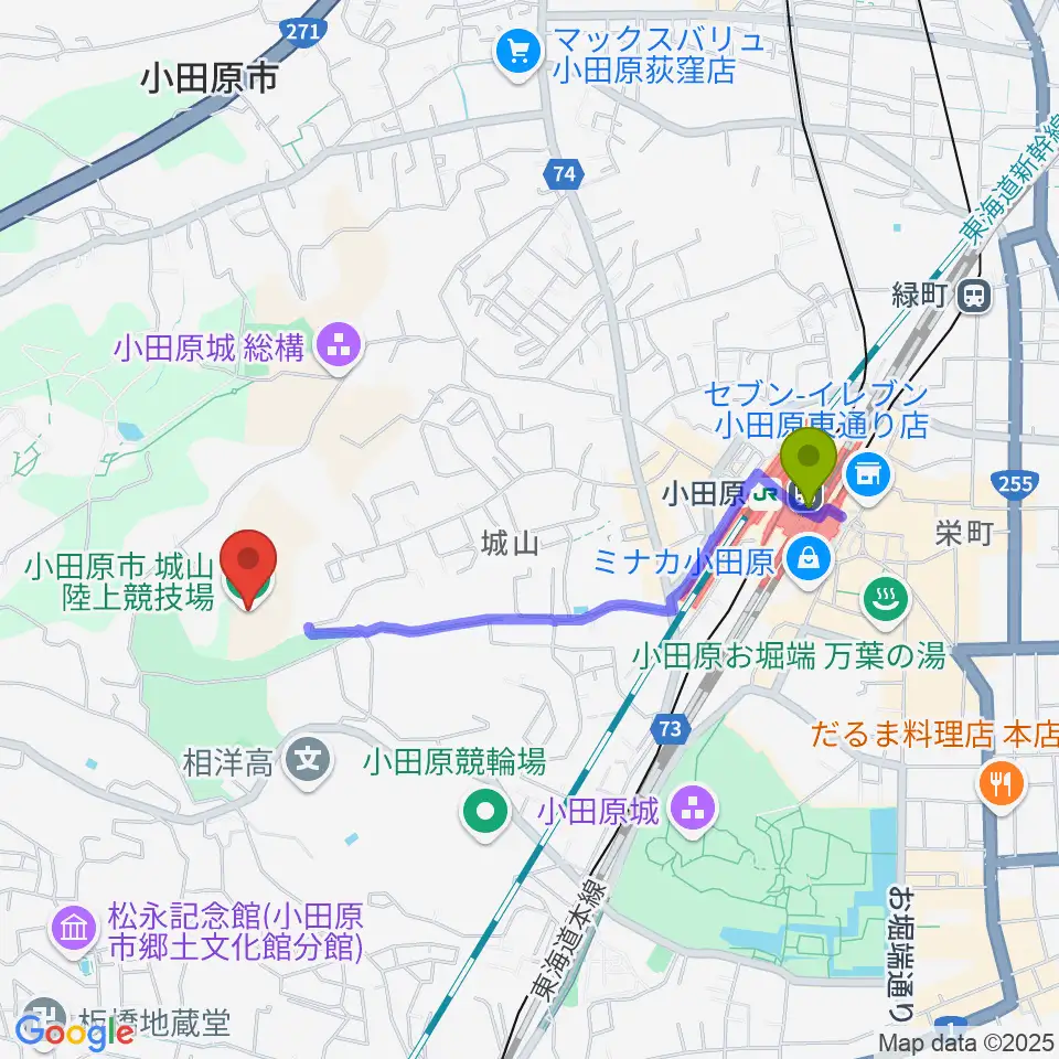 城山陸上競技場の最寄駅小田原駅からの徒歩ルート（約17分）地図