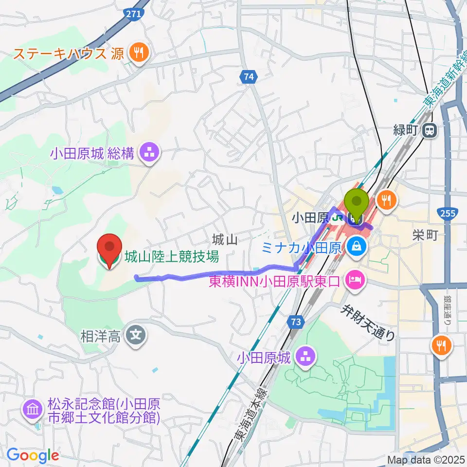 城山陸上競技場の最寄駅小田原駅からの徒歩ルート（約17分）地図