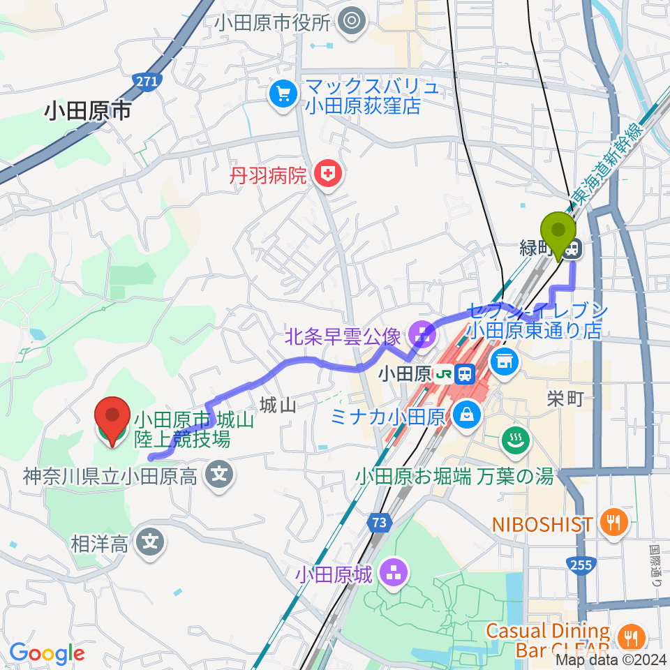 緑町駅から城山陸上競技場へのルートマップ地図