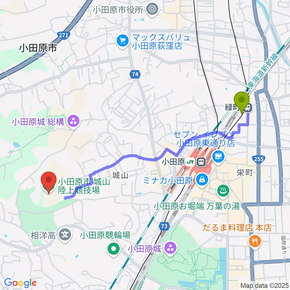 緑町駅から城山陸上競技場へのルートマップ地図