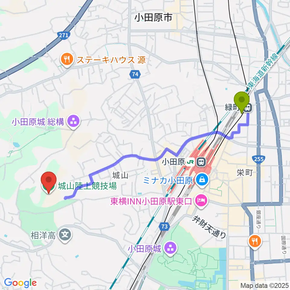 緑町駅から城山陸上競技場へのルートマップ地図