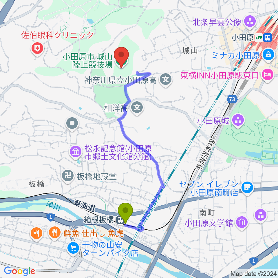 箱根板橋駅から城山陸上競技場へのルートマップ地図