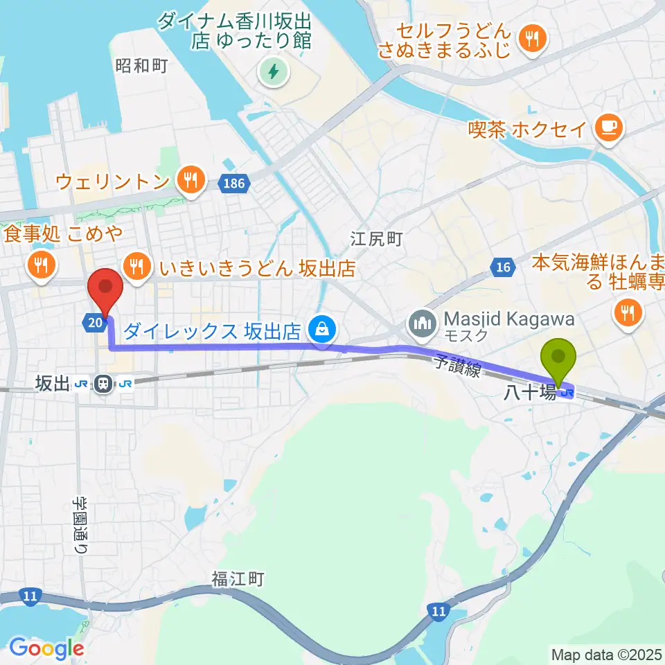 八十場駅から坂出市民ホールへのルートマップ地図