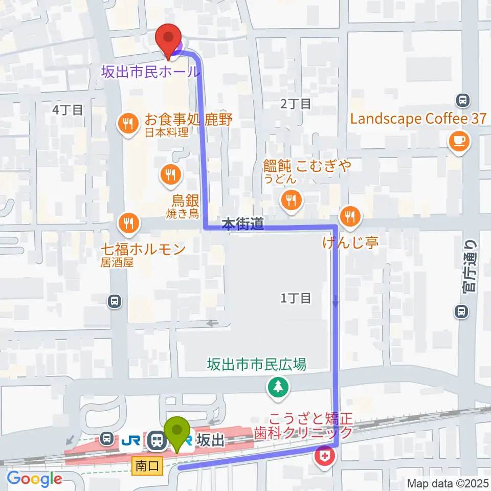 坂出市民ホールの最寄駅坂出駅からの徒歩ルート（約6分）地図