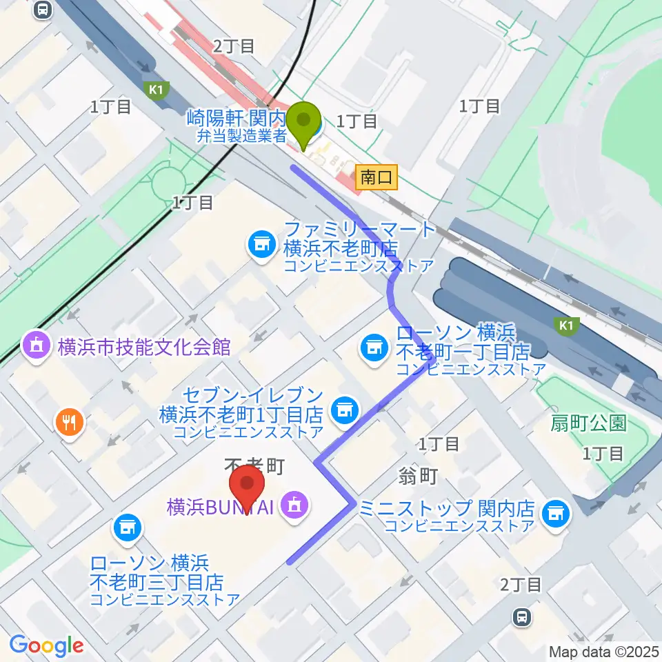 横浜BUNTAIの最寄駅関内駅からの徒歩ルート（約4分）地図