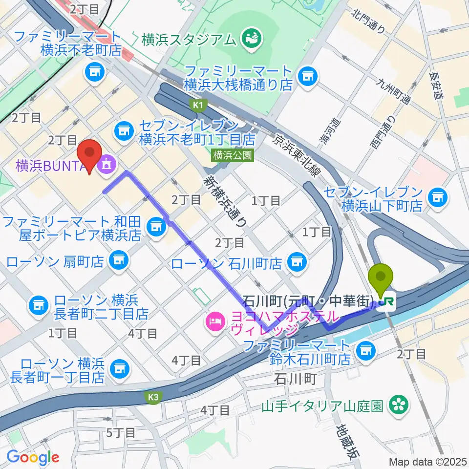 石川町駅から横浜BUNTAIへのルートマップ地図