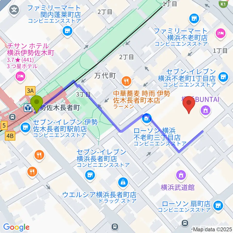 伊勢佐木長者町駅から横浜BUNTAIへのルートマップ地図
