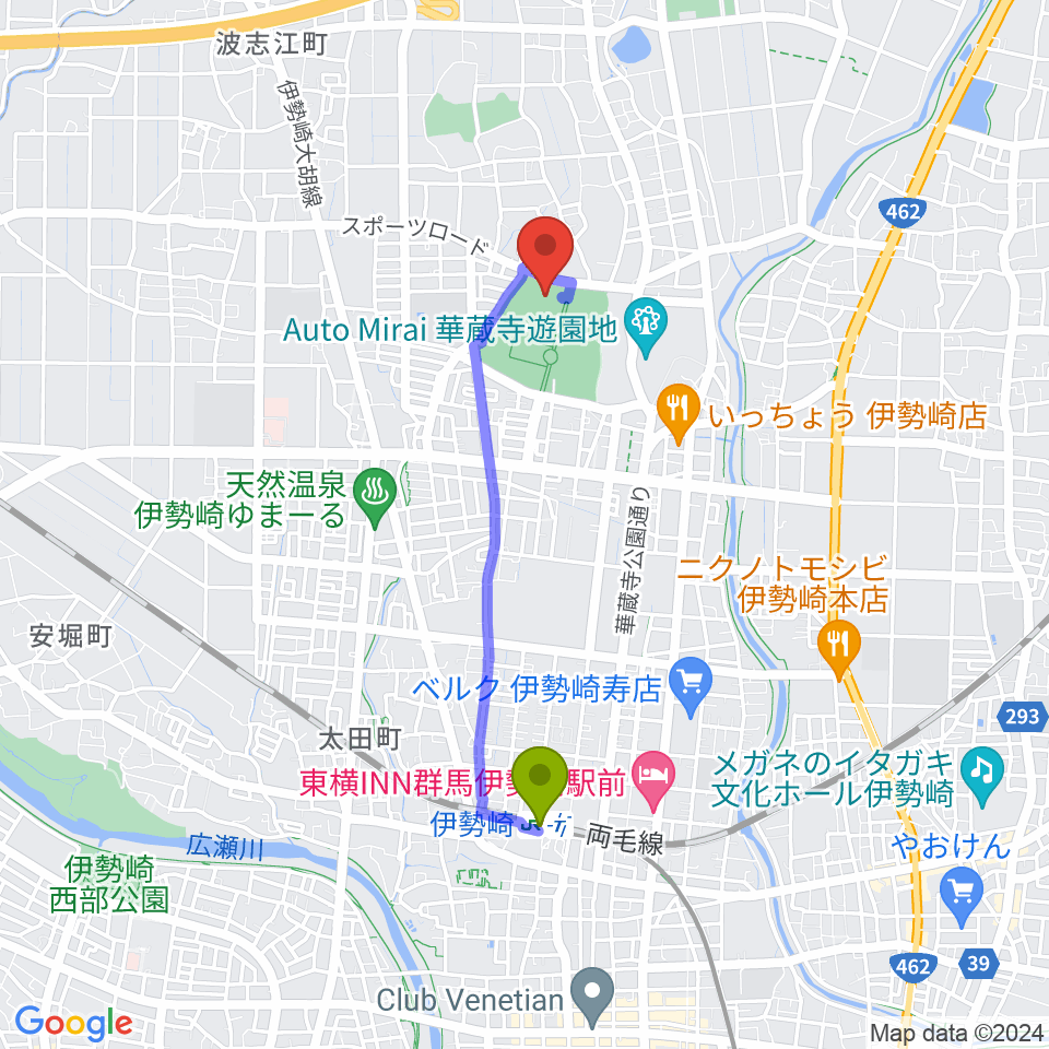 セブンナッツスタジアムの最寄駅伊勢崎駅からの徒歩ルート（約31分）地図