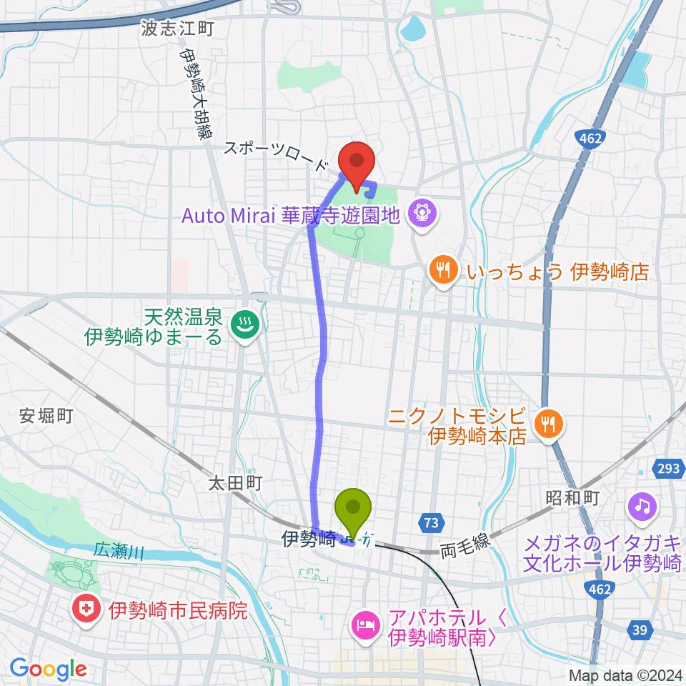 セブンナッツスタジアムの最寄駅伊勢崎駅からの徒歩ルート（約31分）地図