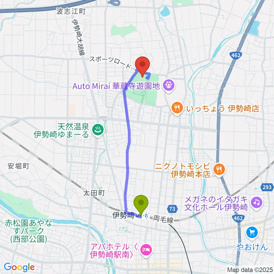 セブンナッツスタジアムの最寄駅伊勢崎駅からの徒歩ルート（約31分）地図