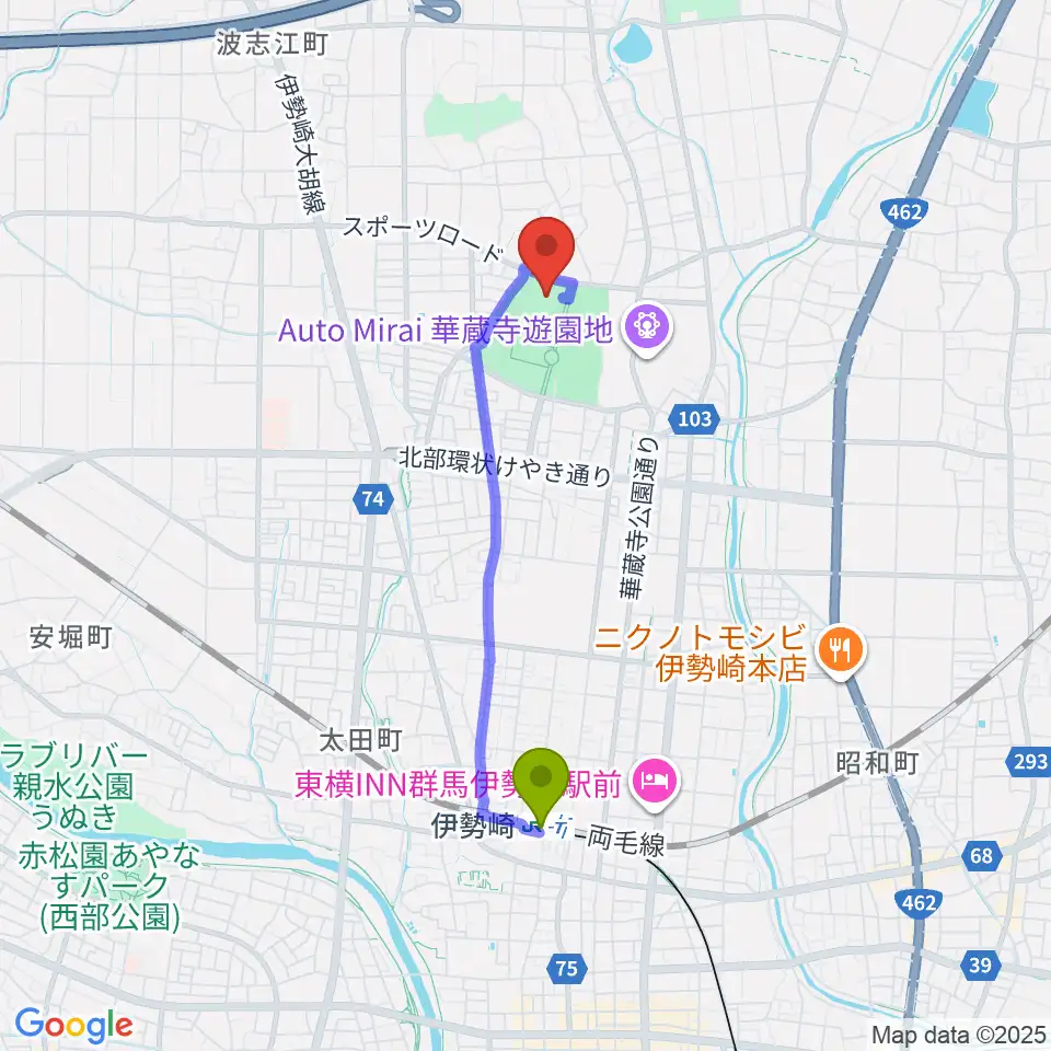 セブンナッツスタジアムの最寄駅伊勢崎駅からの徒歩ルート（約31分）地図