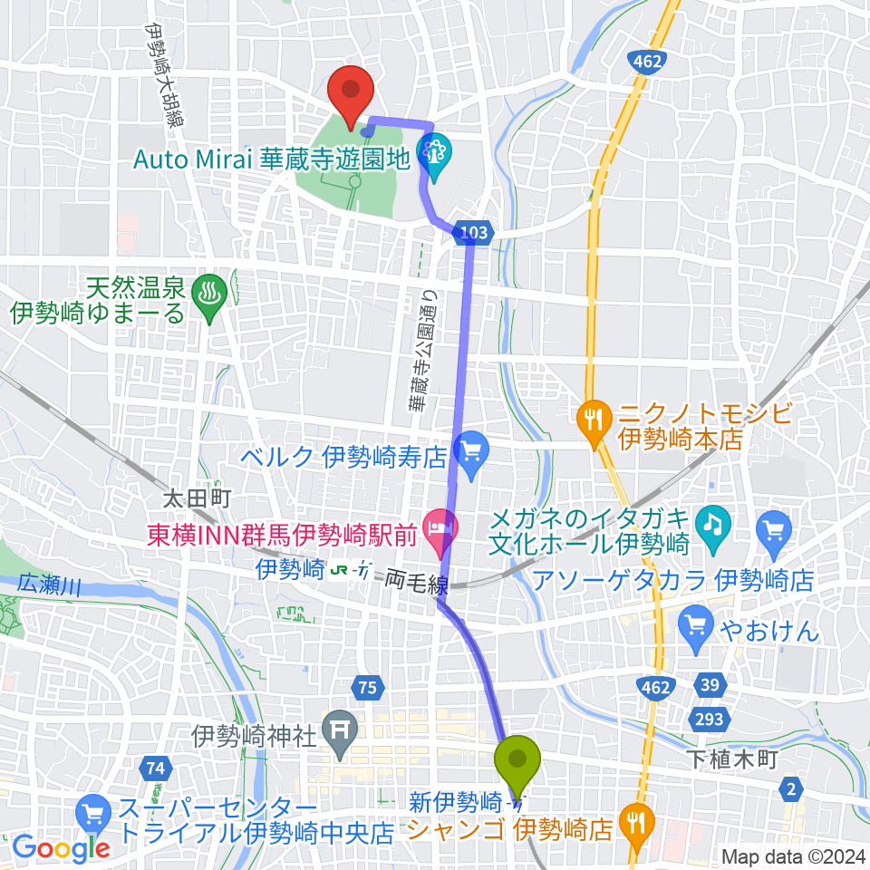 新伊勢崎駅からセブンナッツスタジアムへのルートマップ地図