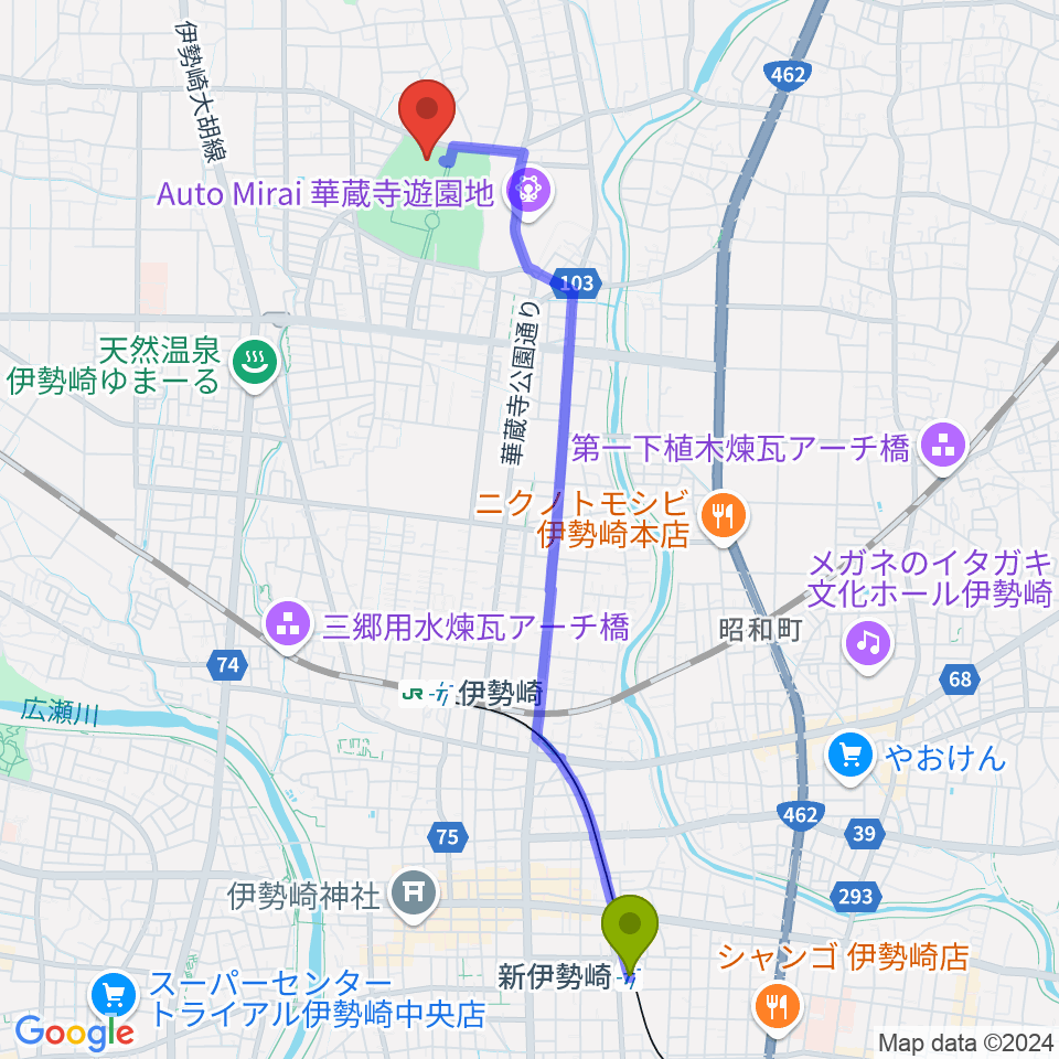 新伊勢崎駅からセブンナッツスタジアムへのルートマップ地図