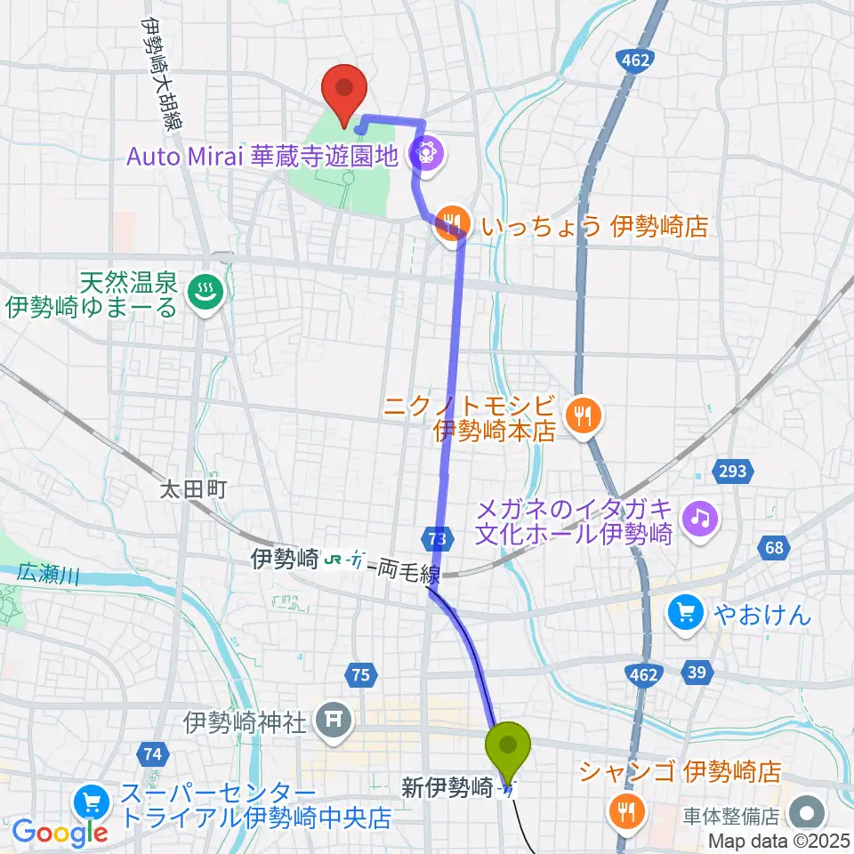 新伊勢崎駅からセブンナッツスタジアムへのルートマップ地図