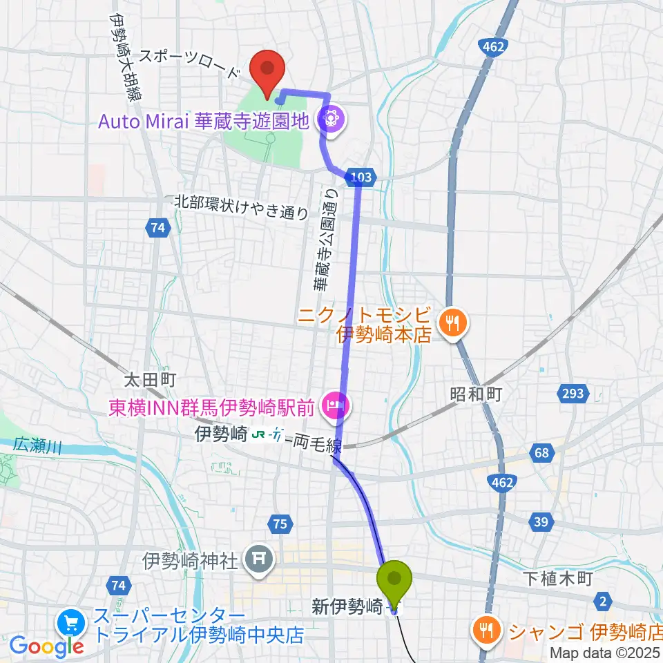 新伊勢崎駅からセブンナッツスタジアムへのルートマップ地図