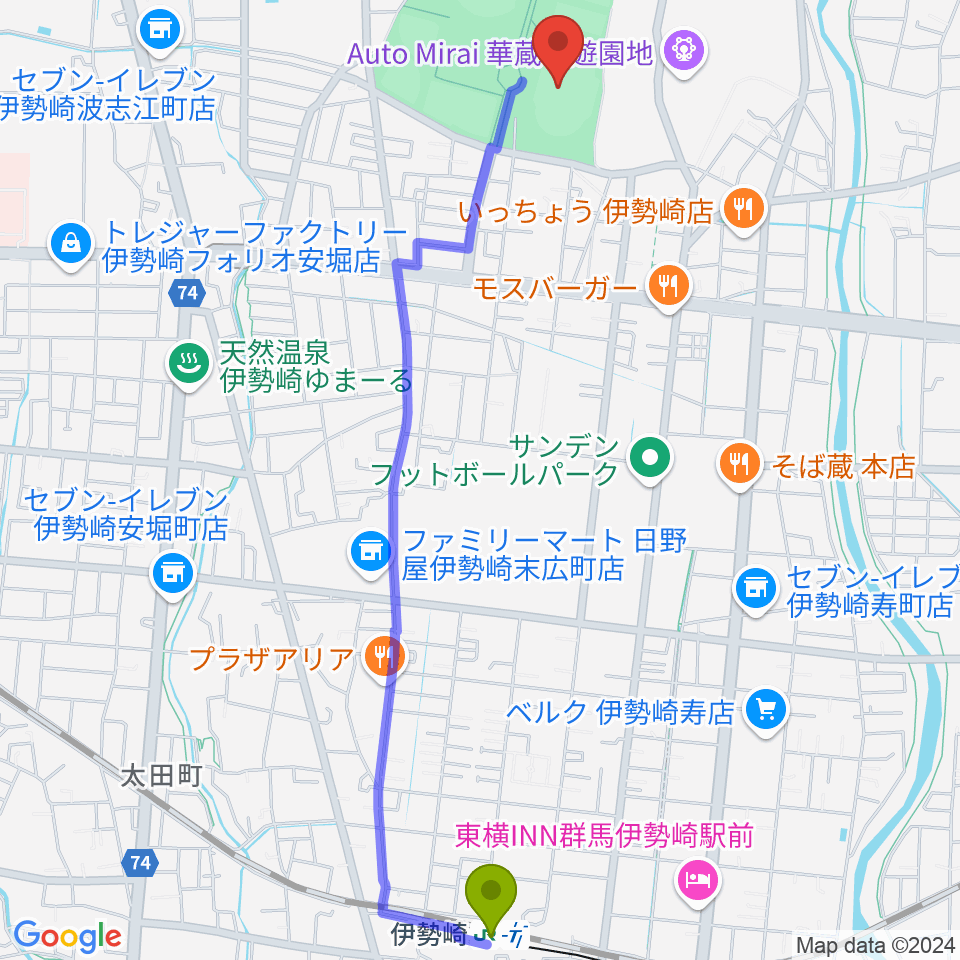 伊勢崎市陸上競技場の最寄駅伊勢崎駅からの徒歩ルート（約27分）地図